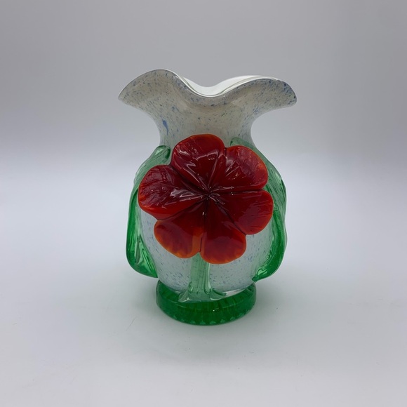 CELEBRATIONS Vtg. Handcrafted Seed Glass Speckled Vase 6” With 3-D Poppy Flower - Picture 1 of 12